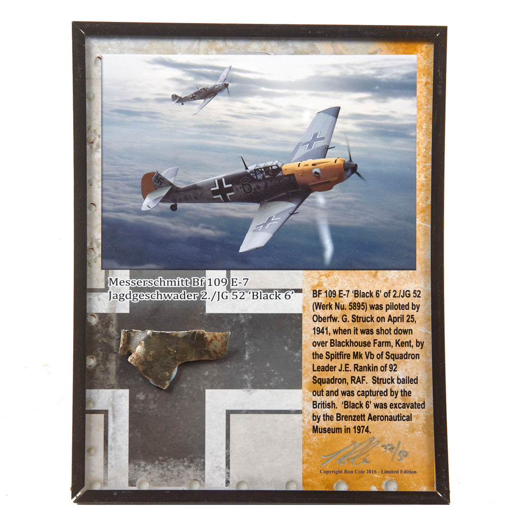 Original German WWII Messerschmitt Bf 109 E-7 Fragment on Frame from JG 52 “Black 6” - 37/50 - 9 x 11 1/2” Original Items