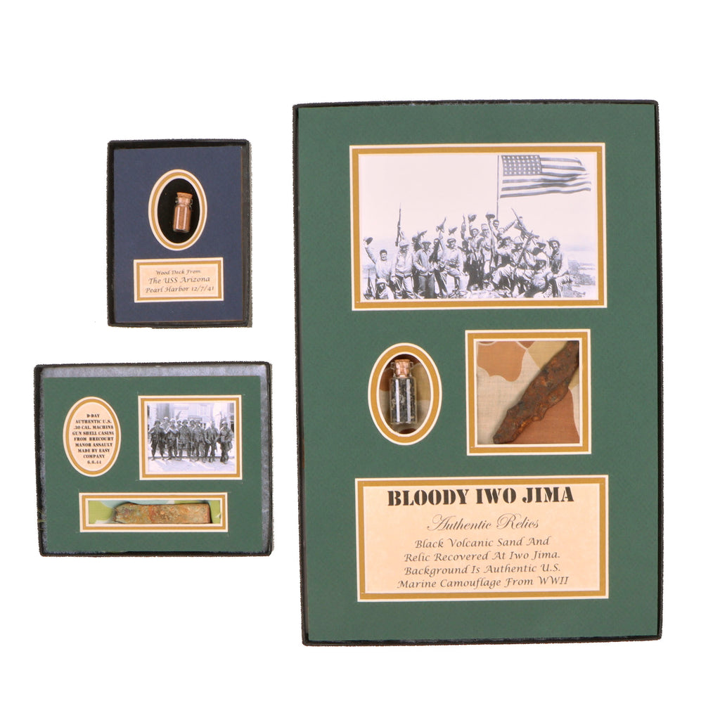 Original U.S. WWII USS Arizona Wood Deck Dust, Easy Company 506th Shell Casing, and Iwo Jima Relics from the Gettysburg Museum of History - Lot of Three Original Items