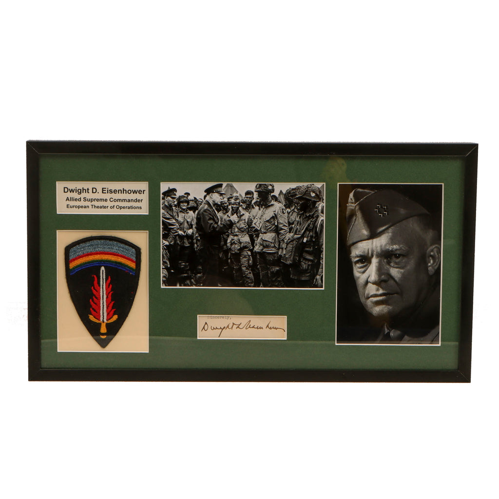 Original U.S. WWII Framed Signature of Commander and Later President Dwight D. Eisenhower with SHAEF Patch - 8 ¼ x 15 ¼” Original Items