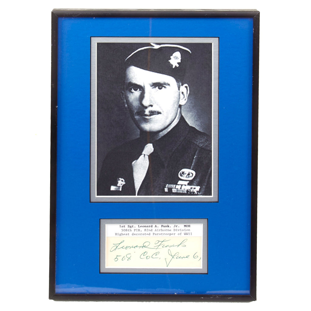 Original U.S. WWII Framed Signature of 1st Sergeant Leonard A. Funk, Jr. - Medal of Honor Recipient - 8 ¼ x 12 ¼” Original Items