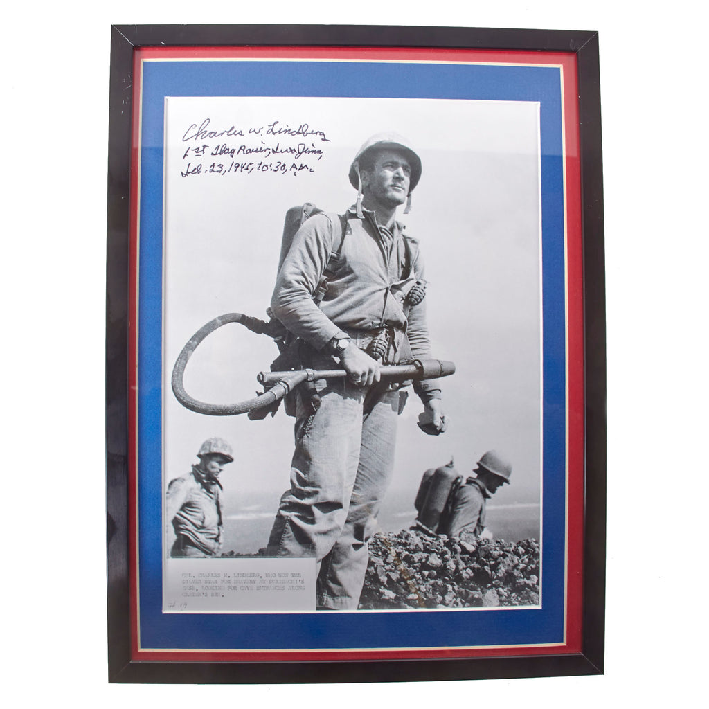 Original U.S. WWII Framed Signature of USMC Cpl. Charles W. Lindberg, 1st Flag Raiser at Iwo Jima - 9¼ x 12¼”