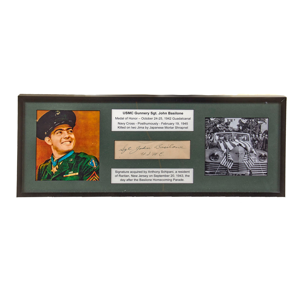 Original U.S. WWII Framed Signature of USMC Medal of Honor Recipient John Basilone - 8 ¼ x 20 ¼” Original Items