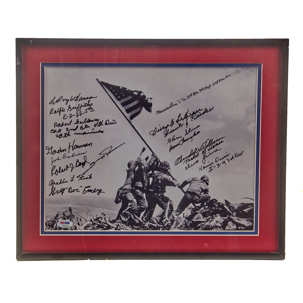 Original U.S. WWII Framed Iwo Jima Photo Signed by 15 Iwo Jima Veterans Including Medal of Honor Recipient Hershel Williams with Certificate of Authenticity - 14¼ x 17¼” Original Items
