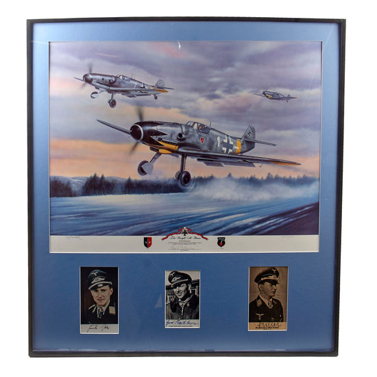 Original Signed Limited Edition Print: Framed “The Knight at Dawn” by Jerry Crandall Signed by Erich Hartmann, Greatest Fighter Ace in History with Three Additional Knight’s Cross Recipient Signatures - 1151/1250 - 31 ¼ x 34 ¼” Original Items