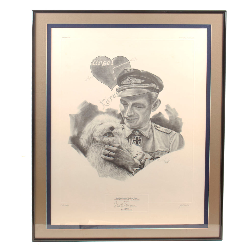 Original German WWII Framed Signed Portrait Print of Flying Ace Erich "Bubi" Hartmann by J.G. Keck - Limited Edition 167/500 - 22 1/8" x 28 1/8" Original Items