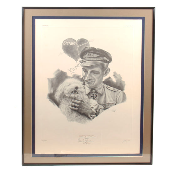 Original German WWII Framed Signed Portrait Print of Flying Ace Erich "Bubi" Hartmann by J.G. Keck - Limited Edition 167/500 - 22 1/8" x 28 1/8" Original Items
