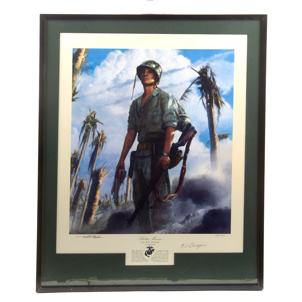 Original Signed Limited Edition Print: Framed “Peleliu Marine” by Matt Hall Signed by Sergeant Romus V. Burgin - 430/950 - 18¼ x 23¼” Original Items