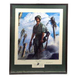 Original Signed Limited Edition Print: Framed “Peleliu Marine” by Matt Hall Signed by Sergeant Romus V. Burgin - 430/950 - 18¼ x 23¼”