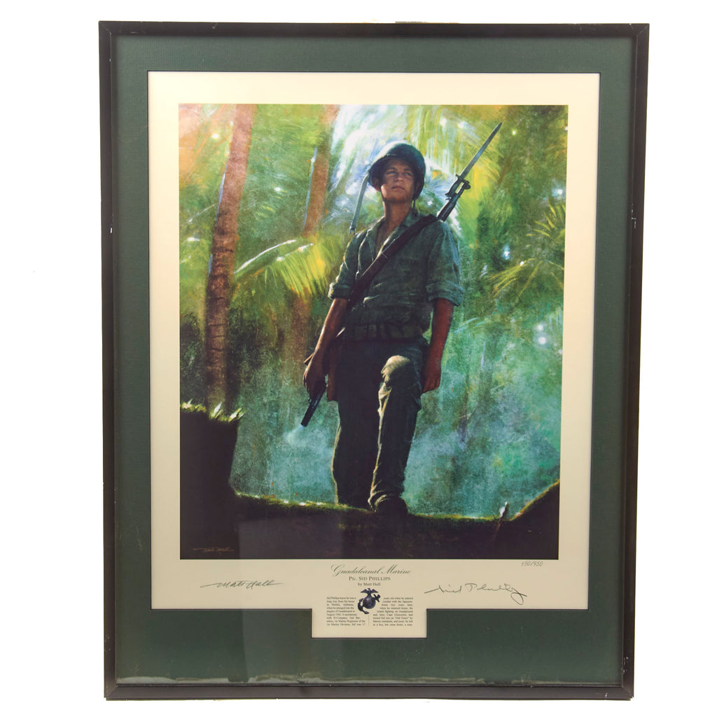 Original Signed Limited Edition Print: Framed “Guadalcanal Marine” by Matt Hall Signed by PFC. Sid Phillips - 430/950 - 18¼ x 23¼”