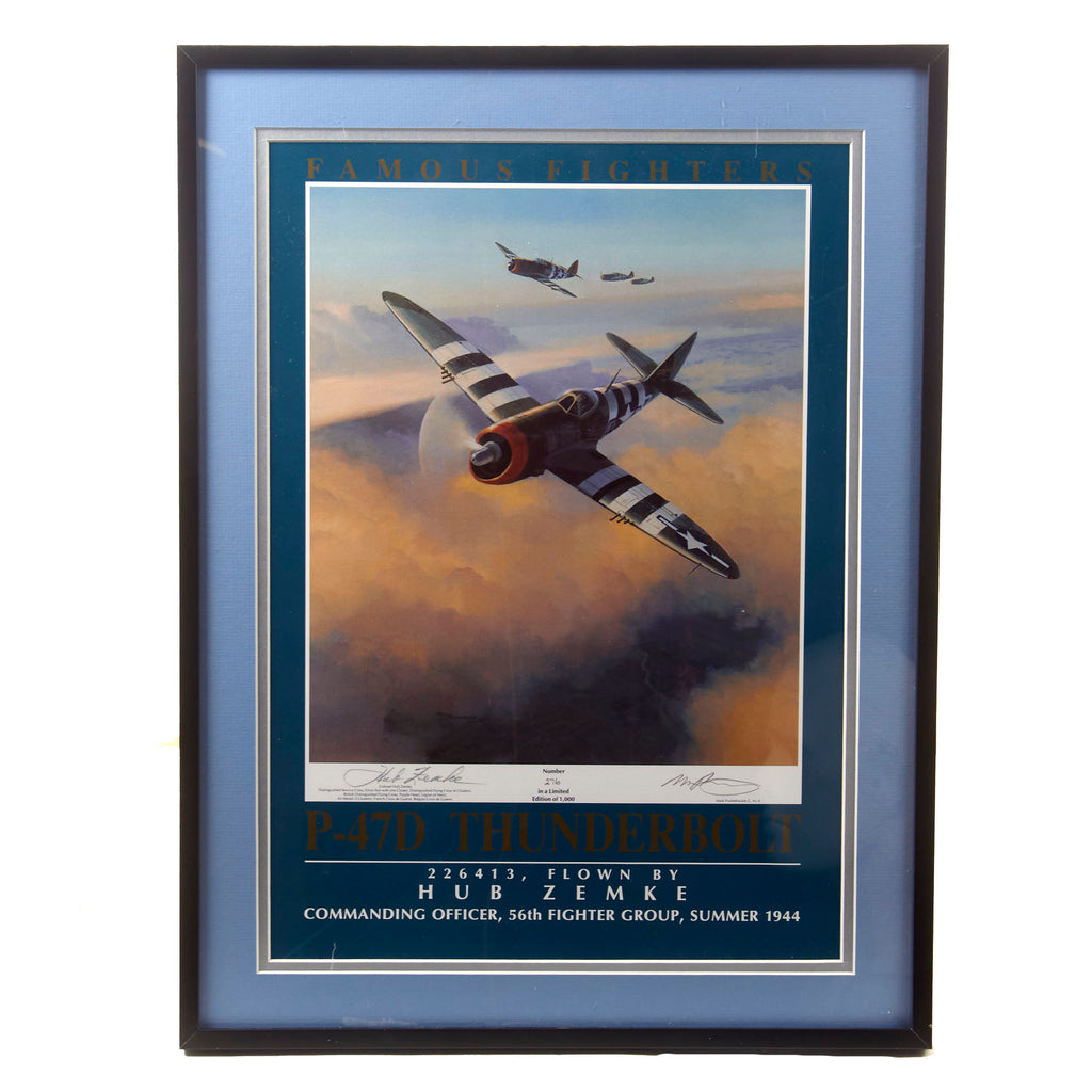 Original Signed Limited Edition Print: Framed “Famous Fighters P-47D Thunderbolt” by Mark Postlethwaite Signed by Colonel Hub Zemke, Credited with 16 Kills - 276/1000 - 15¼ x 20¼”