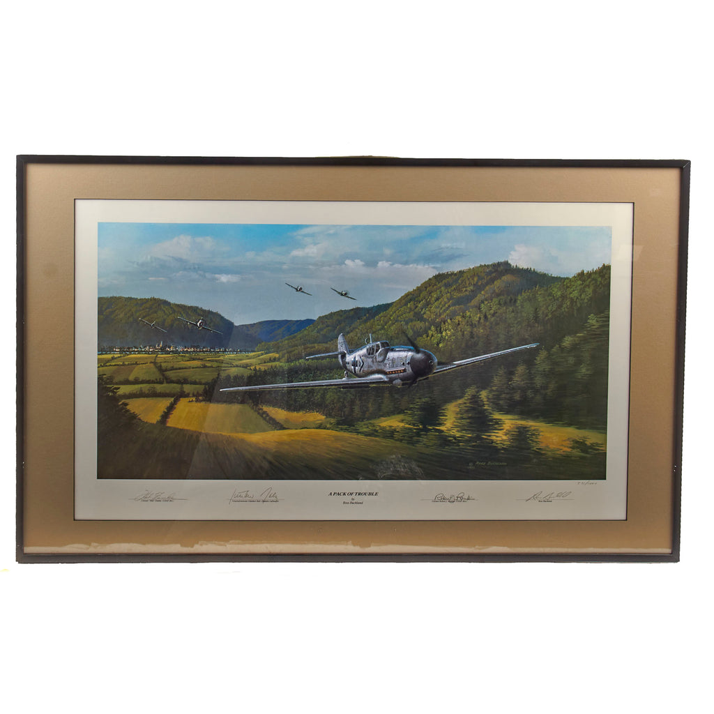 Original Signed Limited Edition Print: Framed “A Pack of Trouble” by Ross Buckland Signed by Colonel “Hub” Zemke, Colonel Robert J. Rankin and Generalleutnant Gunther Rall - 571/1000 - 22 ¼ x 34 ¼” Original Items