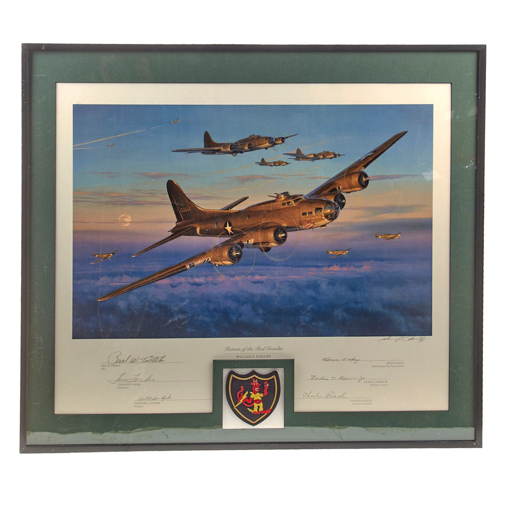 Original Signed Limited Edition Print: Framed “Return of the Red Gremlin” by William S. Phillips Signed by its Crew Including Paul W. Tibbets and Theodore J. Van Kirk - 565/1000 - 25¼ x 28¼” Original Items