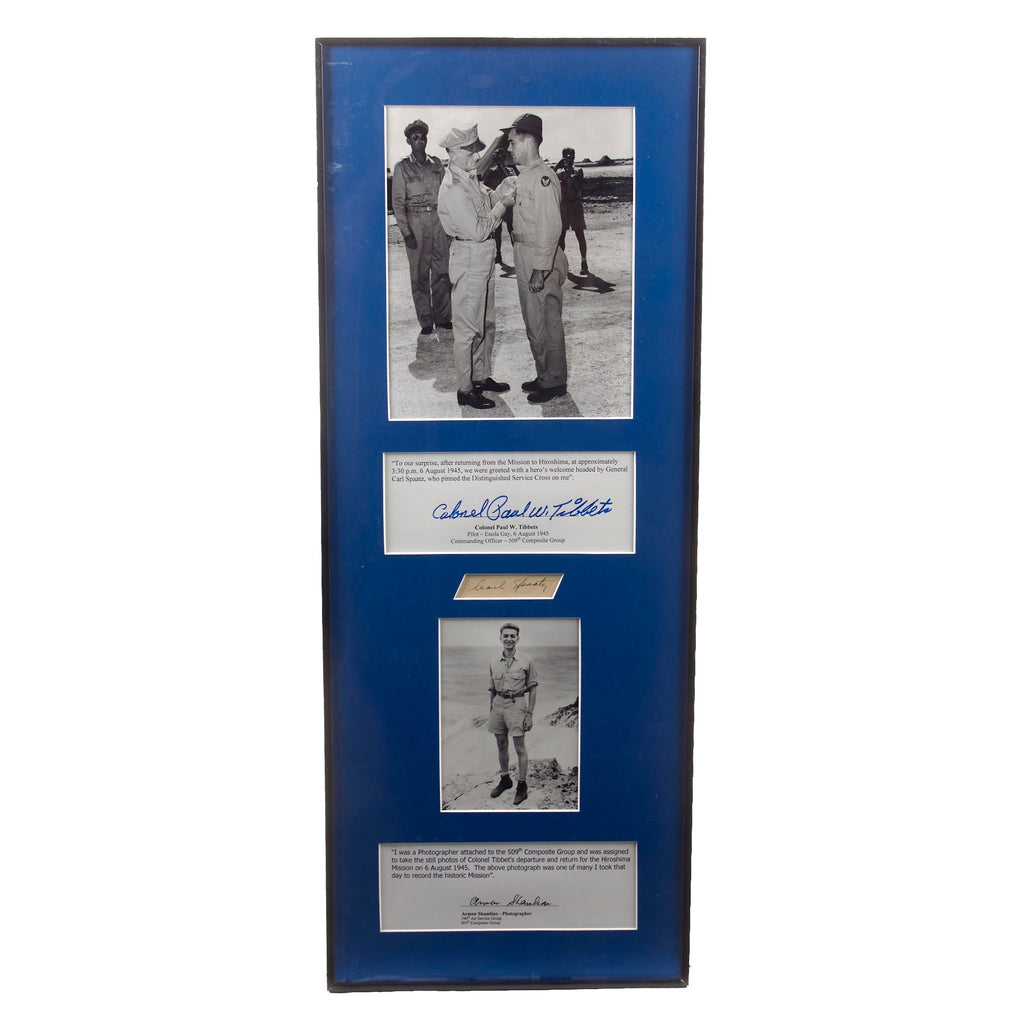 Original U.S. WWII Framed Signatures of Enola Gay Pilot Paul Tibbets & Photographer Armen Shamlian with Photos of Men with Frame - 12 ¼ x 31 ¼” Original Items