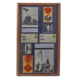 Original U.S. WWII Framed Iwo Jima Flag Raising Signature Group with Patches for Display - Nine Signatures Total - 16 ⅝ x 29 ¾”
