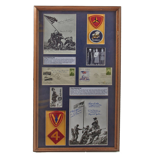 Original U.S. WWII Framed Iwo Jima Flag Raising Signature Group with Patches for Display - Nine Signatures Total - 16 ⅝ x 29 ¾” Original Items
