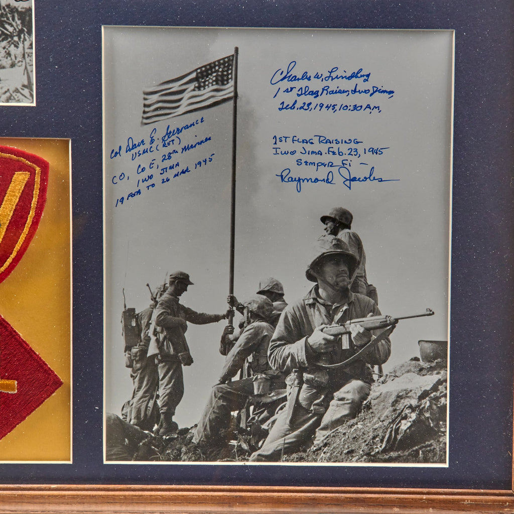 Rasing Signature Original U.S. WWII Framed Iwo Jima Flag Raising Signature Group with P ...