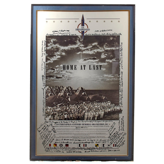 Original U.S. WWII Framed USS Indianapolis Survivors Memorial Organization Poster Signed by Roughly 74 Survivors - 23¼ x 34½” Original Items