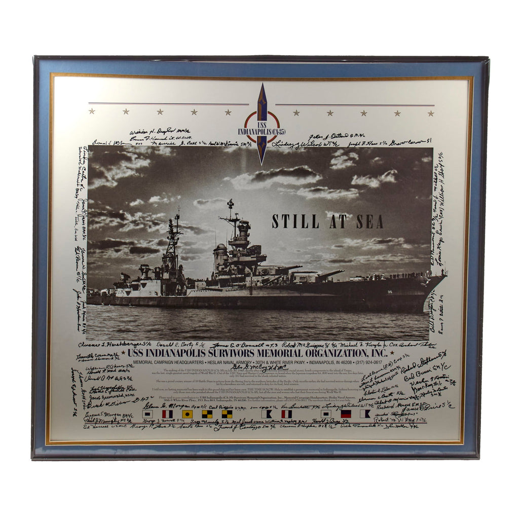 Original U.S. WWII Framed USS Indianapolis Survivors Memorial Organization Poster Signed by Roughly 63 Survivors - 28 1/2 x 30 1/4” Original Items