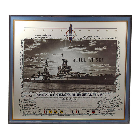 Original U.S. WWII Framed USS Indianapolis Survivors Memorial Organization Poster Signed by Roughly 63 Survivors - 28 1/2 x 30 1/4” Original Items