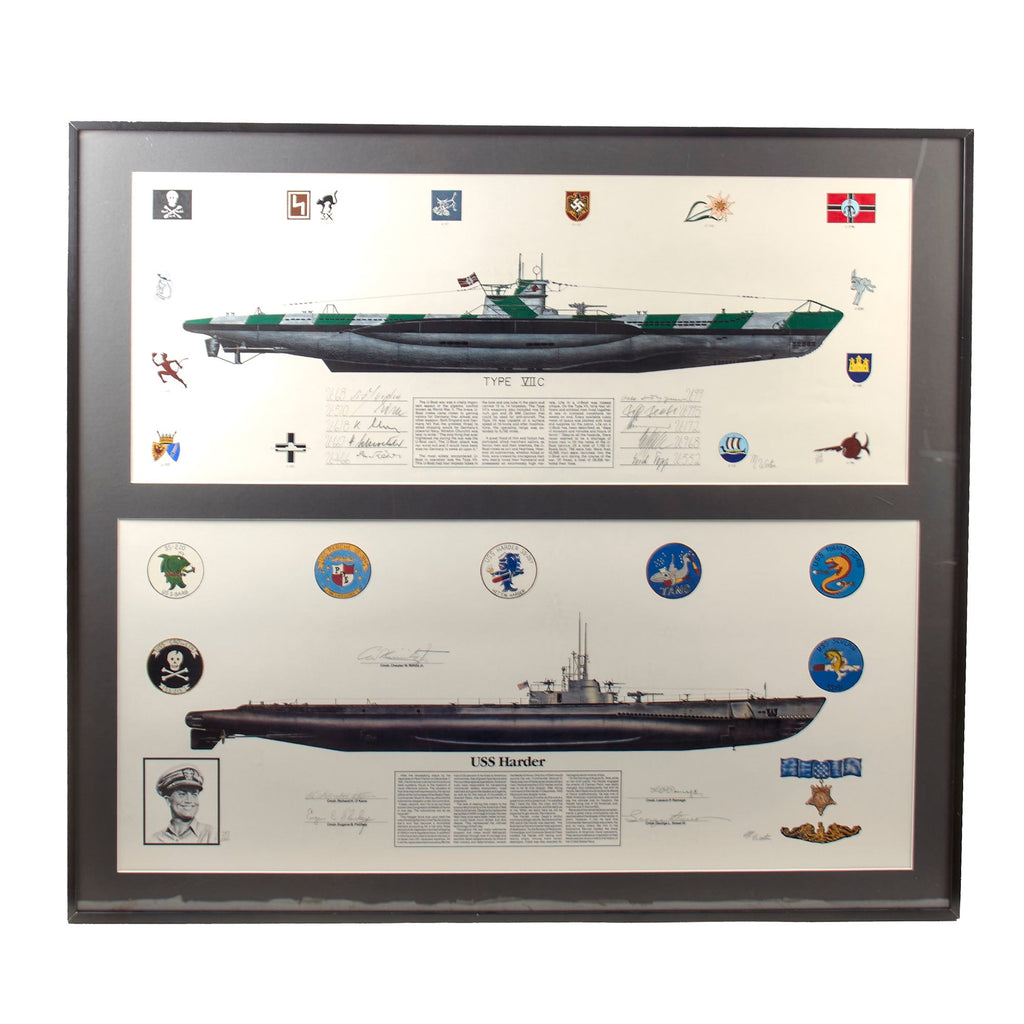 Original U.S. & German WWII Framed “Type VII C” and “U.S.S. Harder” by Michael Wooten Signed by 10 Former German U-Boat Commanders and 5 U.S. Submarine Commanders - 32 ¼ x 36 ¼” Original Items