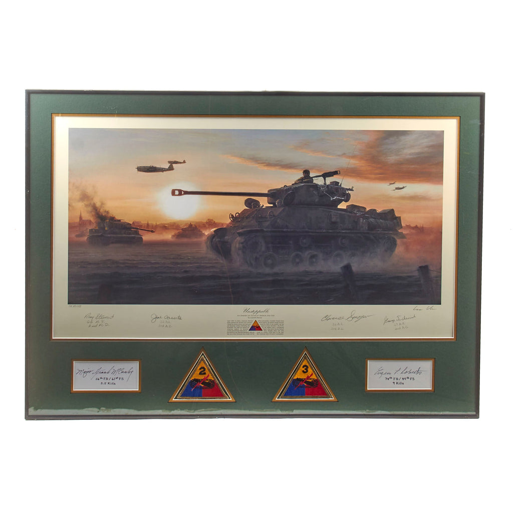 Original Signed Limited Edition Print: Framed “Unstoppable” by Gareth Hector Signed by Four Tank Commanders with Two Additional Signatures & Armored Patches - ME 48/100 - 26 ¼ x 34 ¼” Original Items