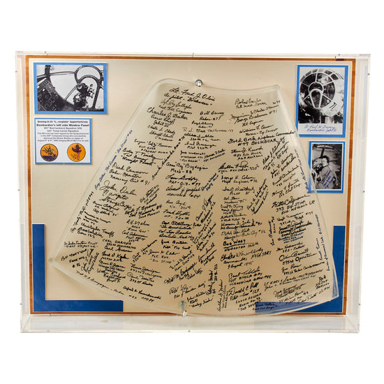 Original U.S. WWII 509th Composite Group B-29 ”Silverplate” Superfortress Bombardier’s Window Panel Signed by 70+ Flying Personnel of the Group - 26 ½ x 32 ½ x 5” Original Items
