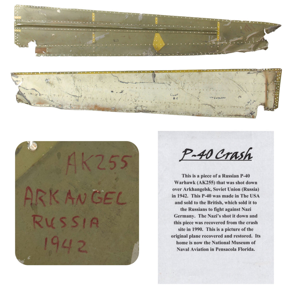 Original Soviet WWII Curtiss P-40 Warhawk AK-255 Crashed Aircraft Skin - Plan e Now Recovered in National Museum of Naval Aviation in Pensacola Florida - 12 x 64” Original Items