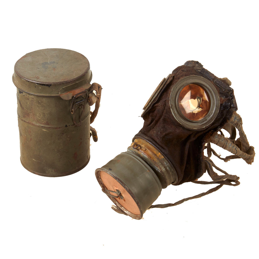Original Imperial German WWI Named M1917 Ledermaske Gas Mask & Canister with Original Ersatz Carrying Strap & Unopened Filter Original Items