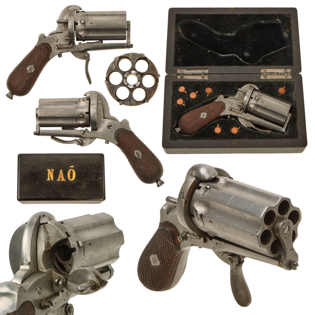 Original Belgian 7mm Pinfire Pocket Pepperbox Revolver in Case with Inert Cartridges circa 1850 - Ejector Rod In Grip Original Items