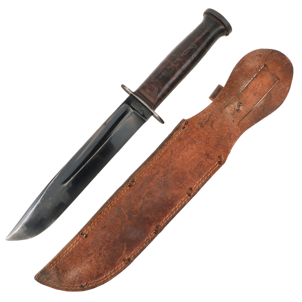 Original U.S. WWII Named Western G-46-8 "KA-BAR" Style Fighting Knife with Correct Leather Scabbard - Storekeeper 2nd Class Charles Holt of LST 524 Original Items