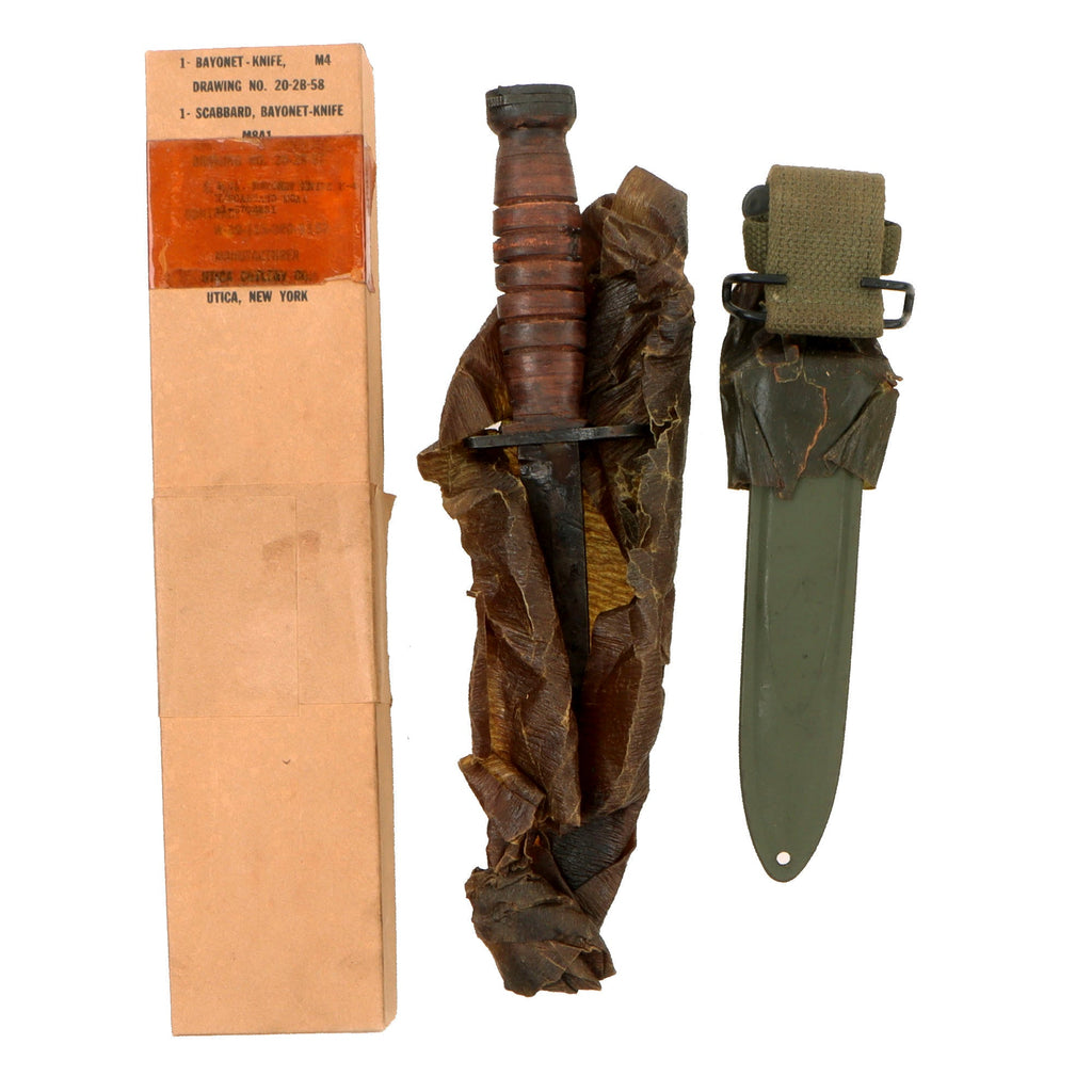 Original U.S. WWII Boxed M4 Bayonet Fighting Knife by Utica with Updated M8A1 Scabbard Original Items