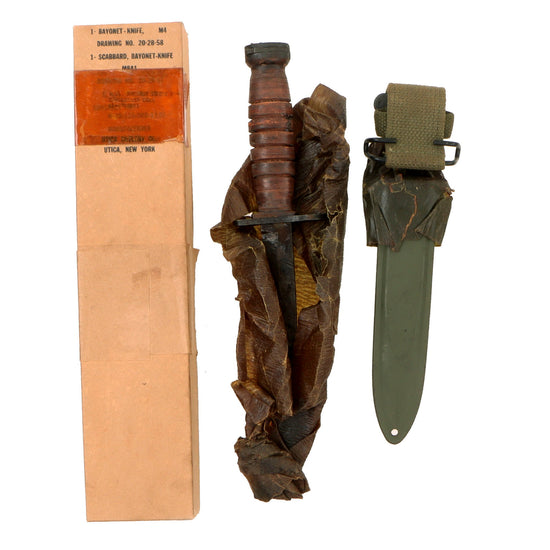 Original U.S. WWII Boxed M4 Bayonet Fighting Knife by Utica with Updated M8A1 Scabbard Original Items