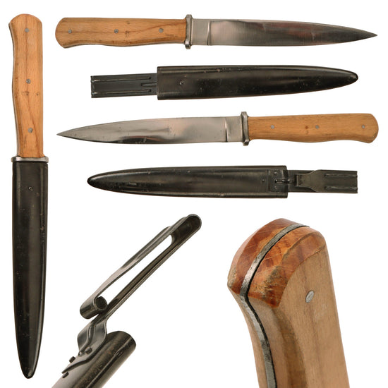 Original German WWII Wood Handle Nahkampfmesser Trench Fighting Knife with Steel Boot Scabbard - Excellent Original Items