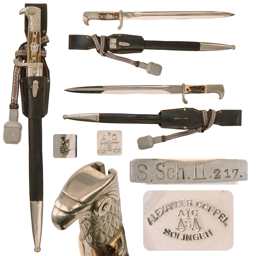 Original German WWII Metropolitan Police Long Dress Bayonet by Alexander Coppel with Scabbard, Frog, and Troddel - Matching Unit Markings Original Items