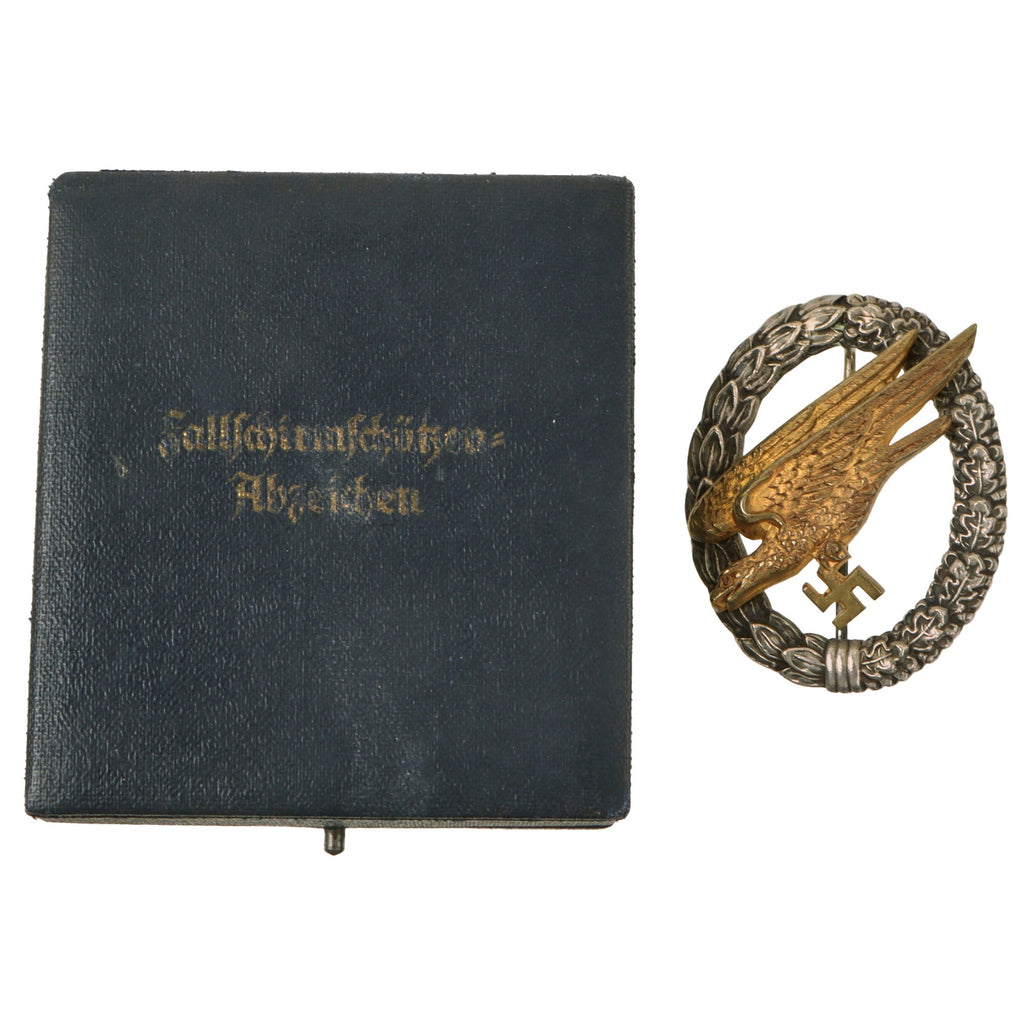 Original German WWII Cased Early Tombak Luftwaffe Paratrooper Fallschirmjäger Badge by C.E. Juncker - Parachutist Badge Original Items