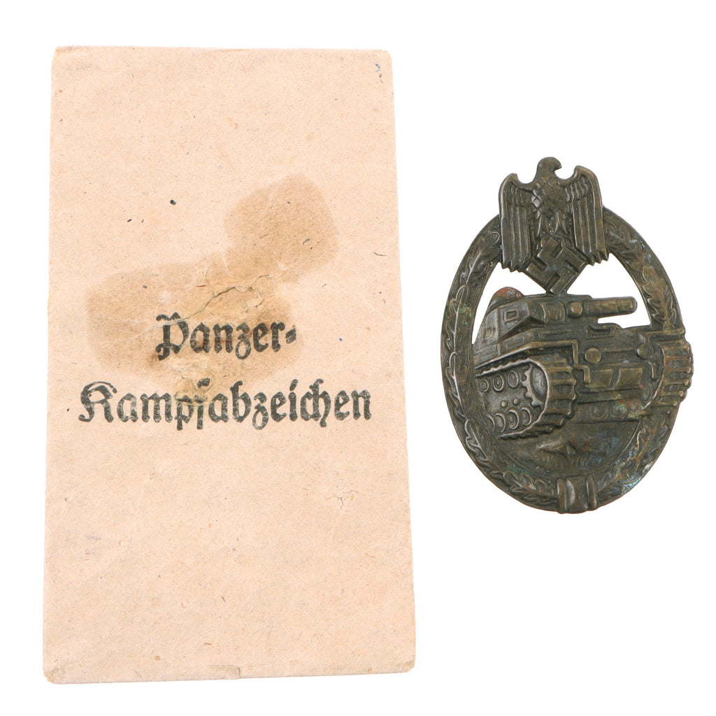 Original German WWII Early Bronze Grade Period Repaired Panzer Assault Tank Badge with Packet by Steinhauer & Lück - Hollow Back Original Items
