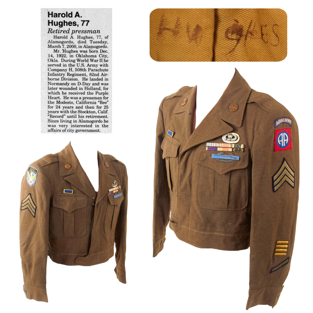 Original U.S. WWII Named 508th PIR 82nd Airborne Division Uniform Ike Jacket with Star-Embedded Paratrooper Wings & Ribbon Bar - Harold Allen Hughes Original Items