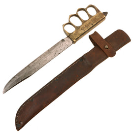 Original U.S. WWI / WWII M1918 Mark I Modified Trench Knife by Au Lion with Theater-Made Bowie Style Blade & Custom Leather Scabbard