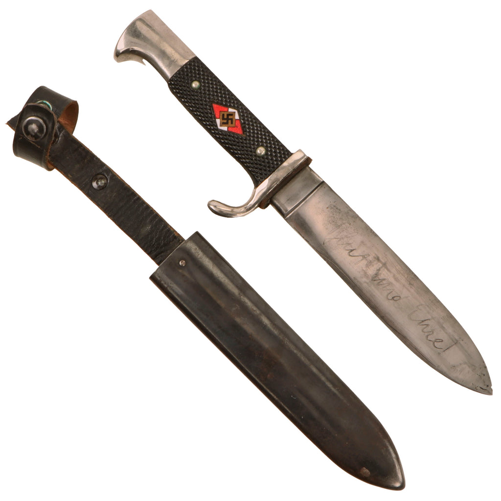Original German WWII 1937 Dated Transitional Motto Marked HJ Knife by J.A. Henckels with Rare Anodized Scabbard - RZM M7/10 1937 Original Items