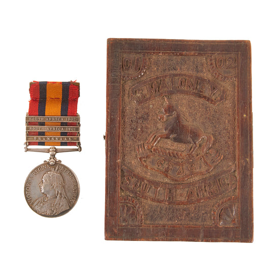 Original British Second Boer War Named Version Three Queen's South Africa Medal in Custom “Trench Art” Carved Wooden Display Box - Three Clasps Original Items