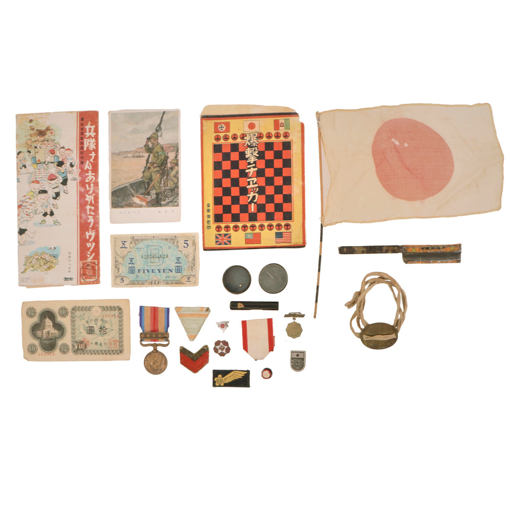 Original Imperial Japanese Army WWII Dog Tag & Ephemera Group with Small National Flag & Checkers Set
