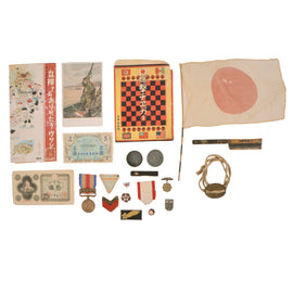Original Imperial Japanese Army WWII Dog Tag & Ephemera Group with Small National Flag & Checkers Set