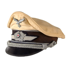 Original German WWII Luftwaffe Officer White Summer Weight Schirmmütze Visor Cap with Embroidered Bullion Wreath an Cockade