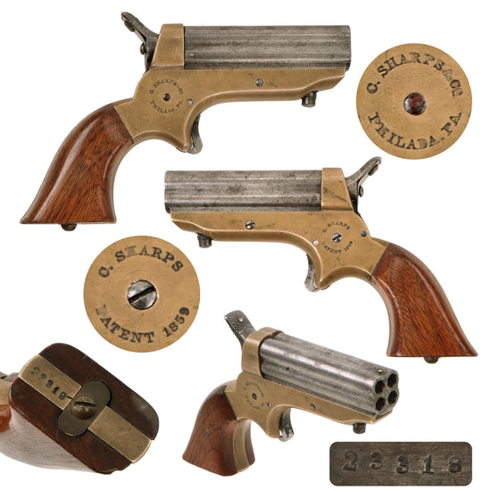 Original U.S. Sharps Model 1A .22 Rimfire 4 Barrel Brass Frame Pepperbox Pistol with Wooden Grips - Serial 23319 Original Items