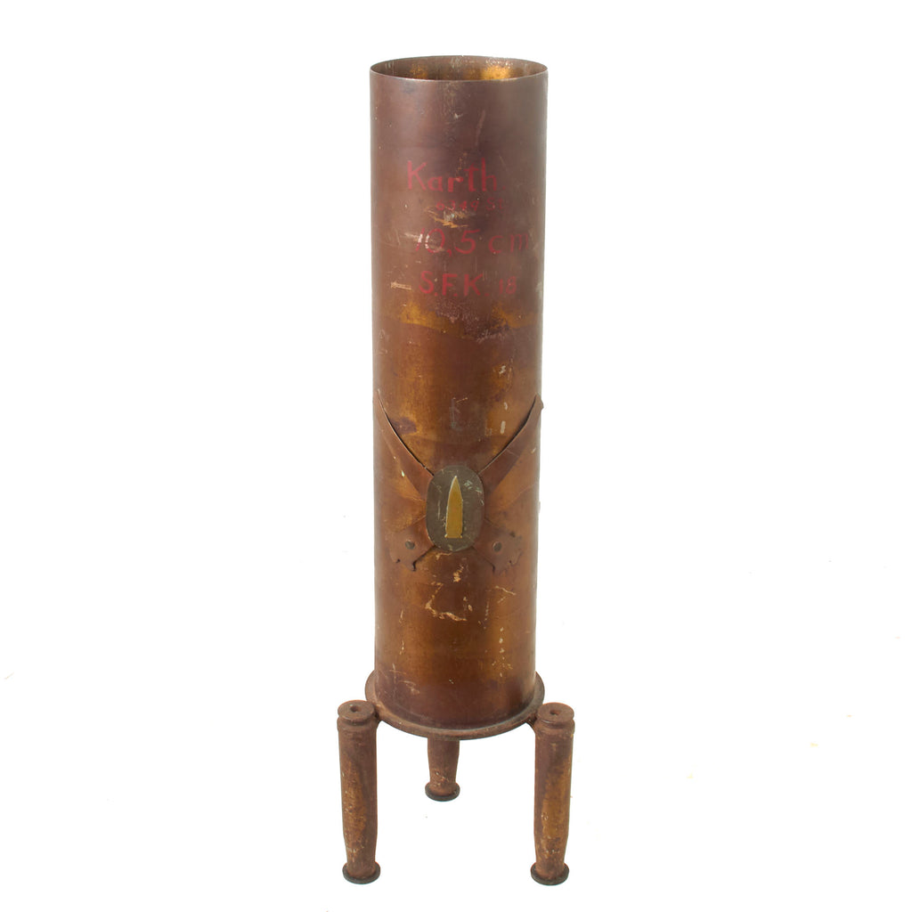 Original U.S. WWII Inert Coastal Artillery Captured German 10.5cm Artillery Trench Art Shell on Legs - Inert