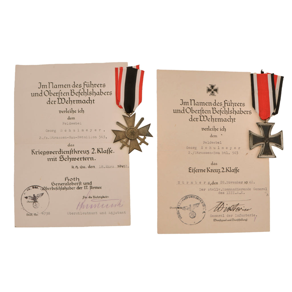 Original German WWII EKII and KvKII with Documents Named to Feldwebel Georg Schulmeyer of Road Construction Battalion 563 Original Items