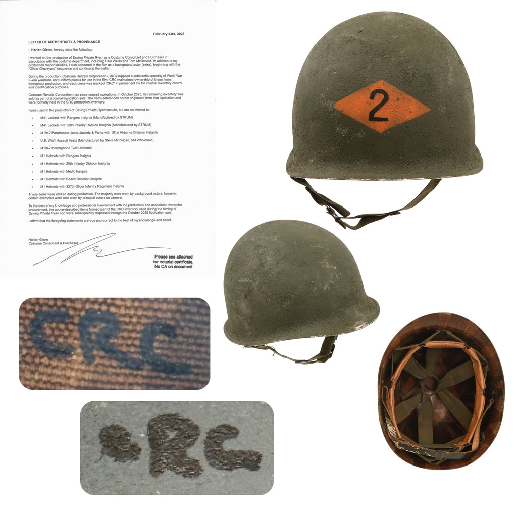Original U.S. WWI M1 Helmet Used in Film Saving Private Ryan with CAPAC Liner - 2nd Ranger Battalion - Comes with Copy of Notarized Letter of Authenticity Original Items