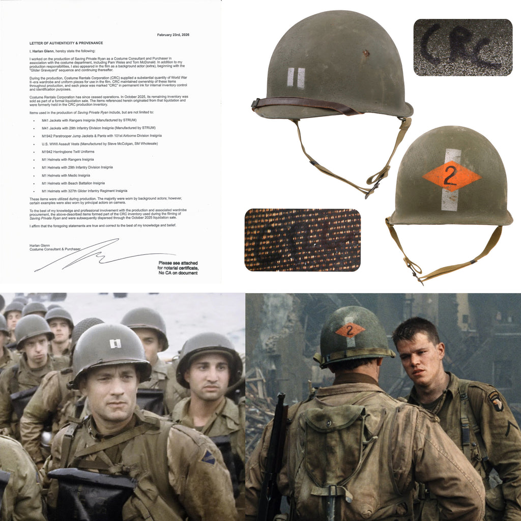 Original U.S. WWII M1 Helmet Possibly Worn by Captain John H. Miller in Film Saving Private Ryan - 2nd Ranger Battalion - Comes with Original Notarized Letter of Authenticity Original Items