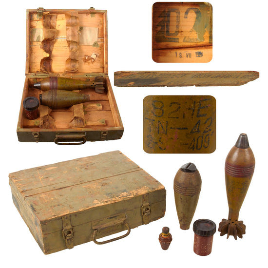 Original Soviet Russian WWII Era 82mm Mortar Crate with Inert 82mm & 60mm Rounds & Fuze Original Items