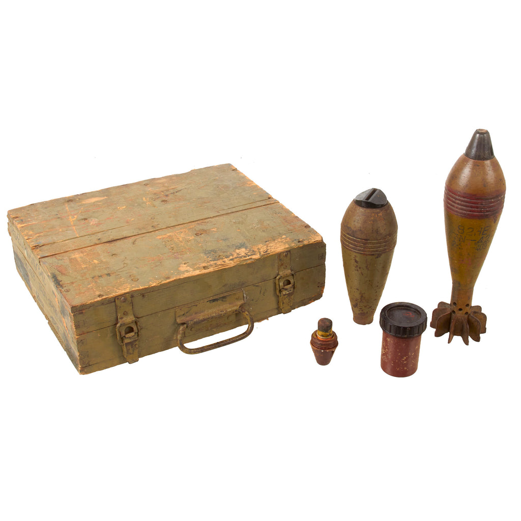 Original Soviet Russian WWII Era 82mm Mortar Crate with Inert 82mm & 60mm Rounds & Fuze Original Items